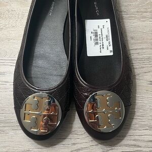 Tory Burch Dark Brown Quilted Flats with Gold Logo